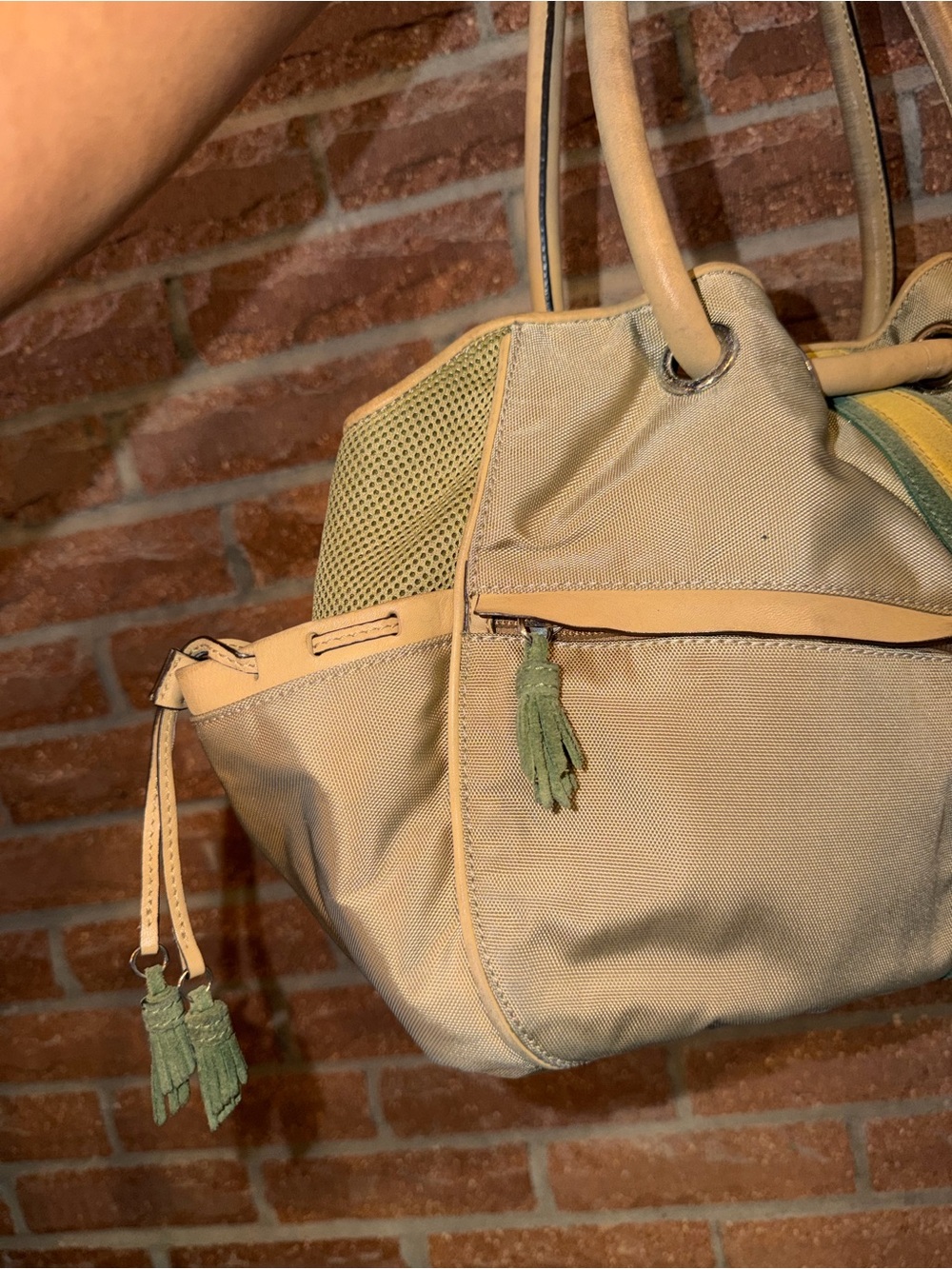 Cole Haan Tan Shoulder Tote with Olive and Yellow Stripe - Picture 4 of 8